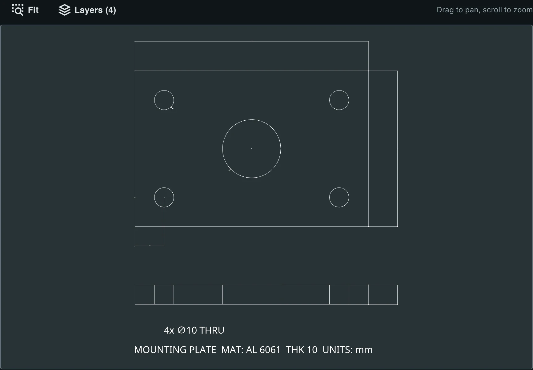 Input: a mounting plate DXF drawing inside an archive, previewed in the app
