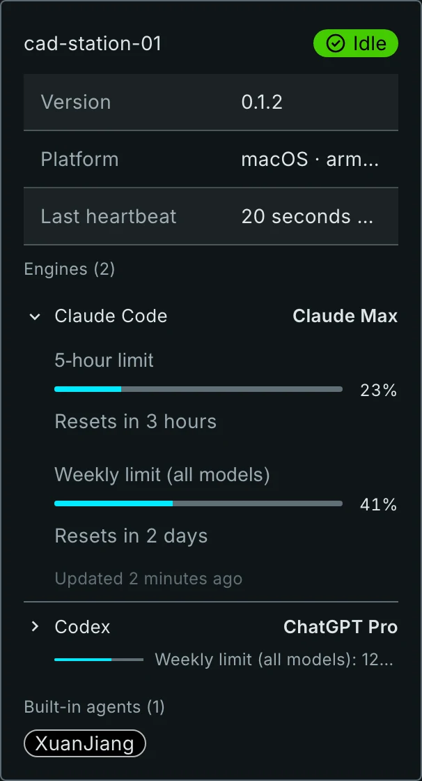 Worker card: cad-station-01 idle, with usage for Claude Code (Claude Max) and Codex (ChatGPT Pro)